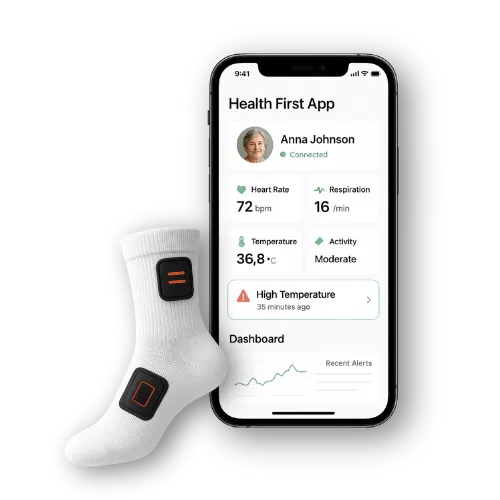 De Health First App met dashboard, vitale waarden en een melding